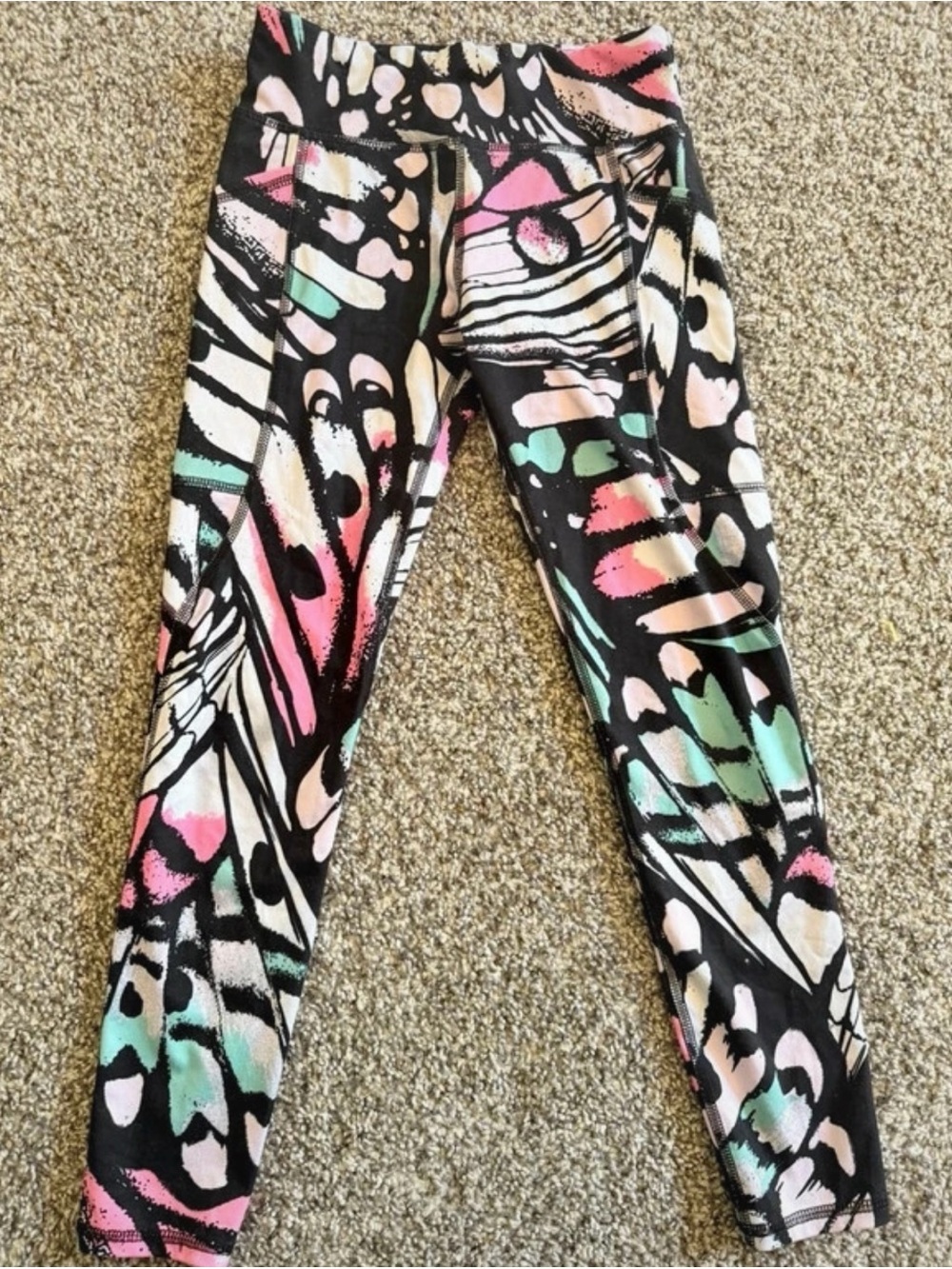 Athletic Works Black Leggings with Pink, Mint & Cream Abstract Design